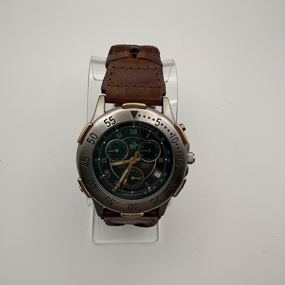Beverly Hills Polo Club Men's Chronograph Watch Green Dial Silver Gold Leather